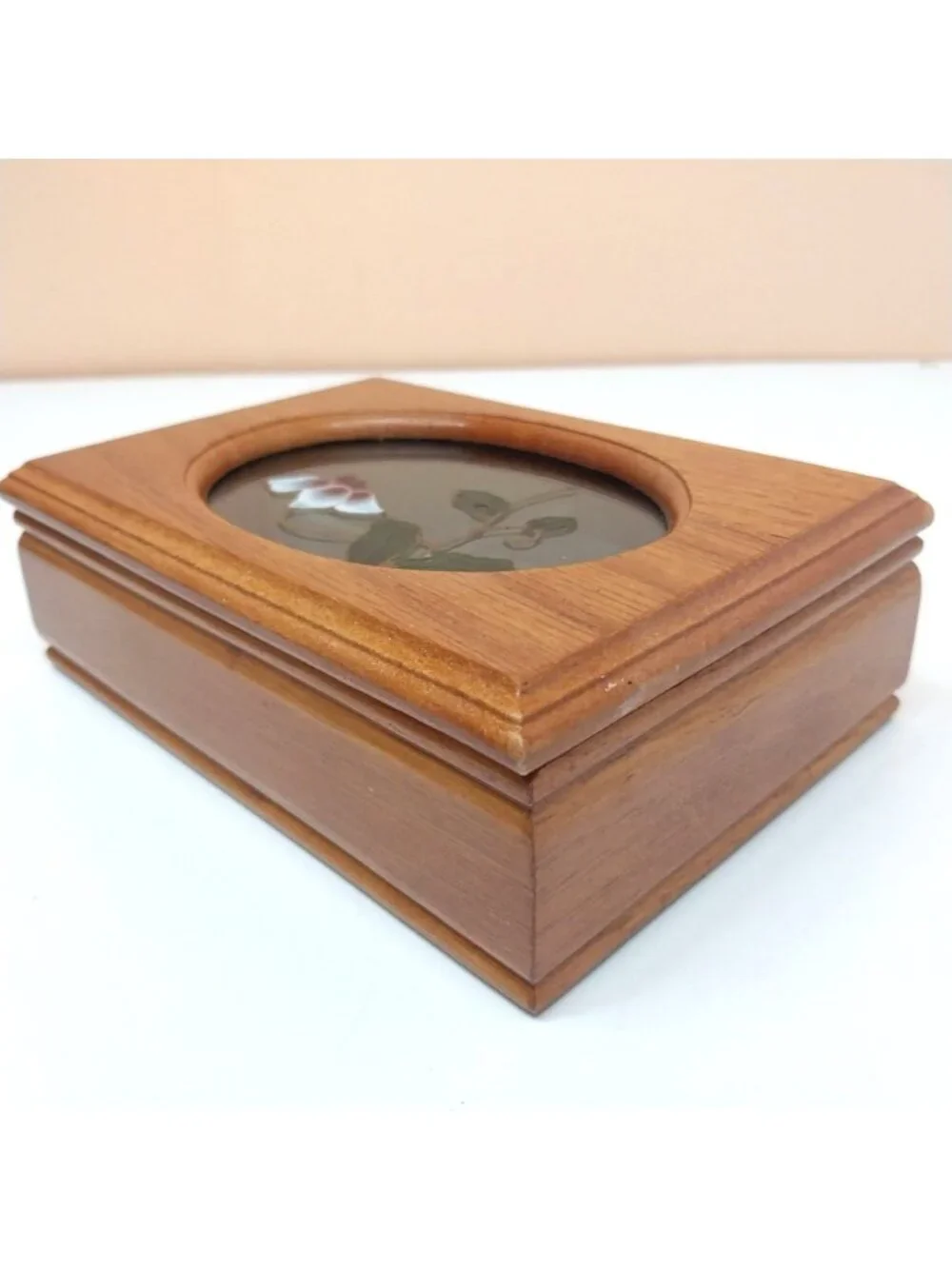 Vintage Wooden Jewelry Box Hinged Lid Stained Glass Floral Velvet Lining